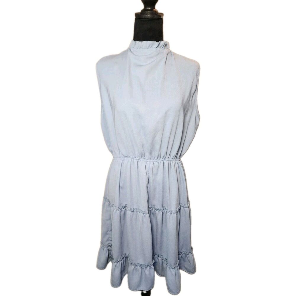 Women's Sz XL Sleeveless ruffle dress light blue halter tiered bottom Coquette